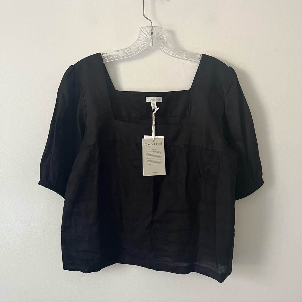 NEW Garnet Hill 100% Linen Black Square Neck Short Sleeve Top 10 Lightweight